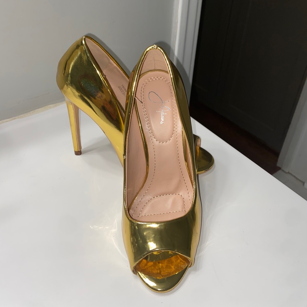 Shiny Gold peak a boo heels, brand J.Adams, size 5.5
